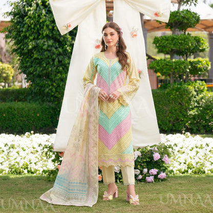 UA-208 Embroidered Chikenkari Cambric Cotton Pastel Festive Collection by Umnaa - Ready to Wear Pakistani Asian clothes