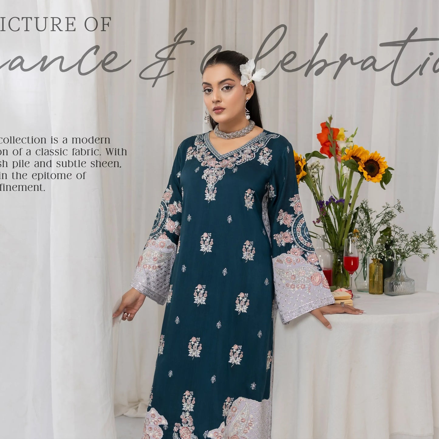 UTT-23 Embroidered Viscose Linen Kaftan Style 2 Piece Co Ord Set Collection by Traditional Thread