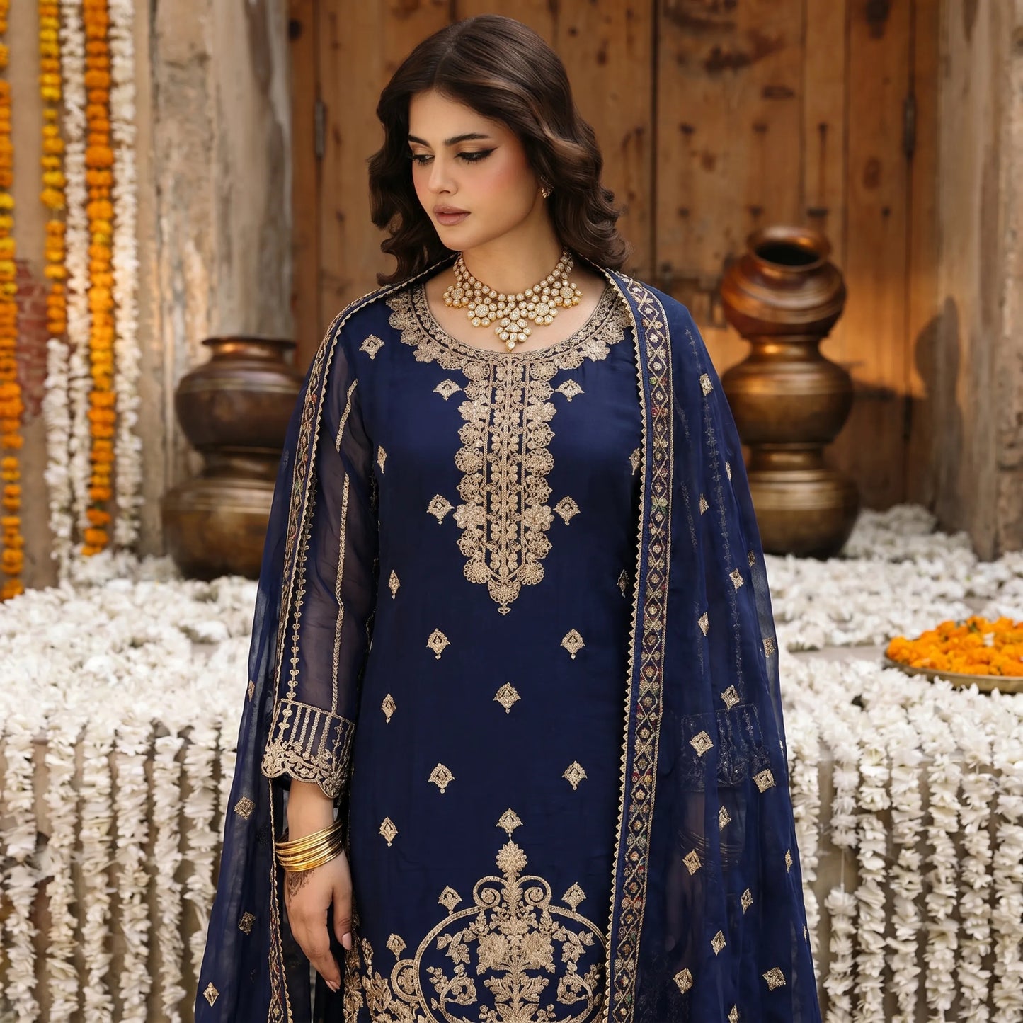 U-73 3 Pc women's Embroidered Chiffon salwar kameez Pakistani Indian fashion Traditional Womenswear Festive collection-UMNAA