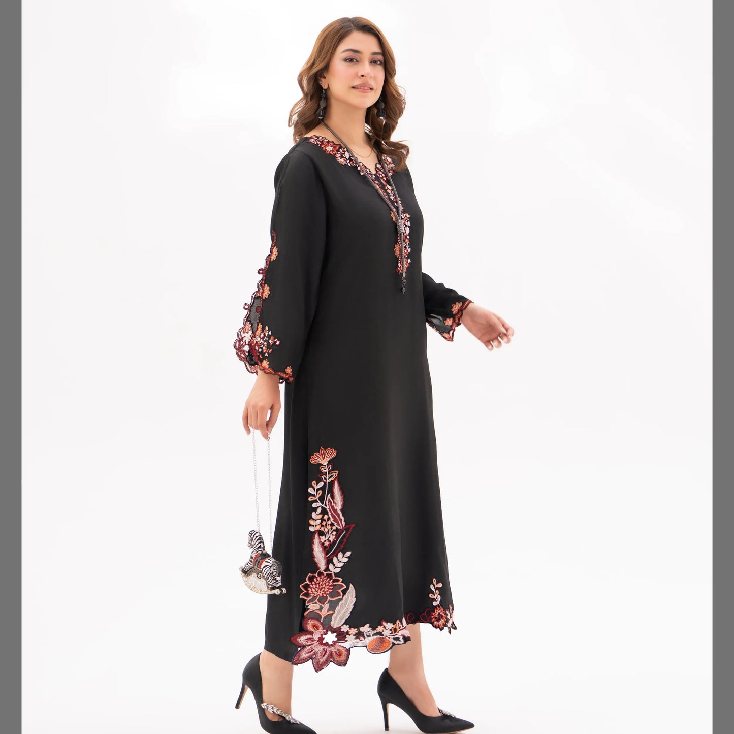 RA-32 MIDNIGHT BLOSSOM Embroidered Raw Silk Long Kaftan Style 2 Piece | Elegant Women's Festive & Formal Wear