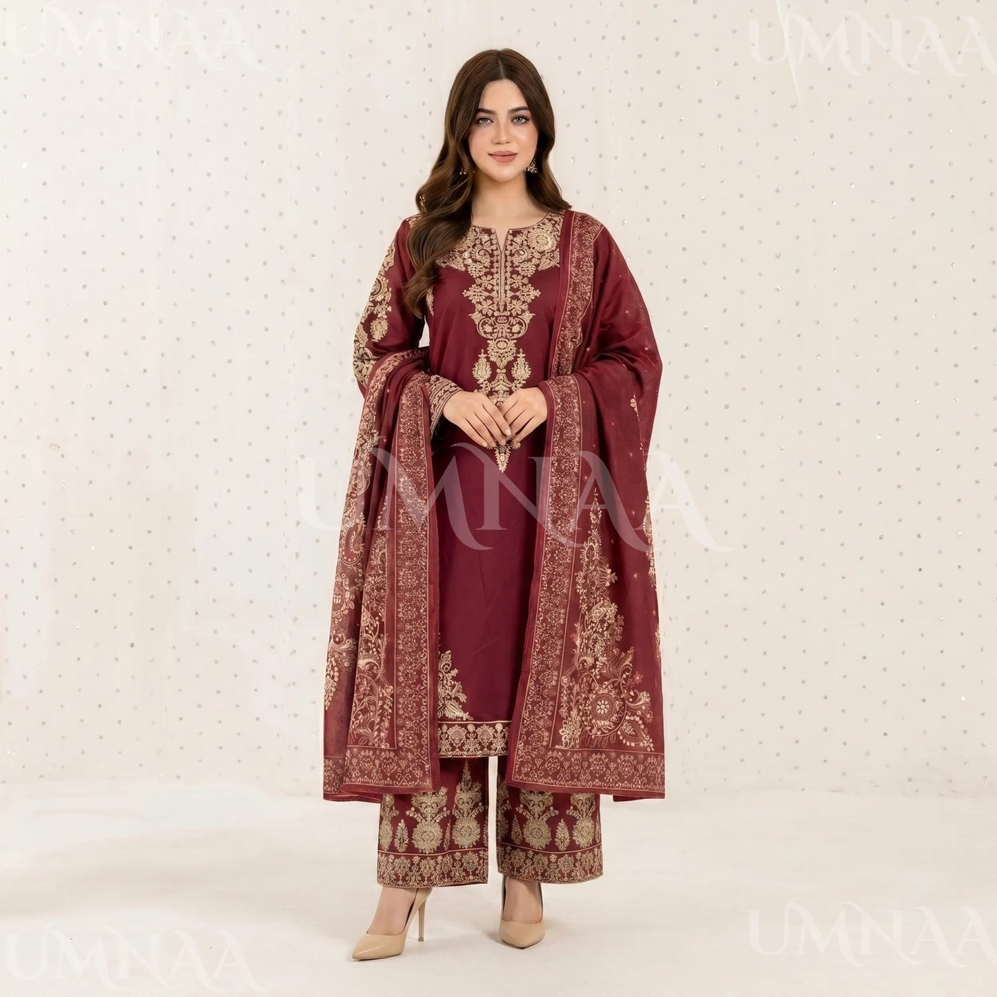 UA-222 Embroidered Cotton Ready to Wear Collection Pakistani Asian Women | 3 Piece Shirt Trouser Duppata by Umnaa