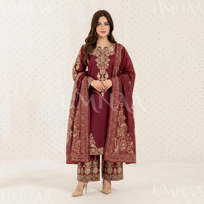 UA-222 Embroidered Cotton Ready to Wear Collection Pakistani Asian Women | 3 Piece Shirt Trouser Duppata by Umnaa