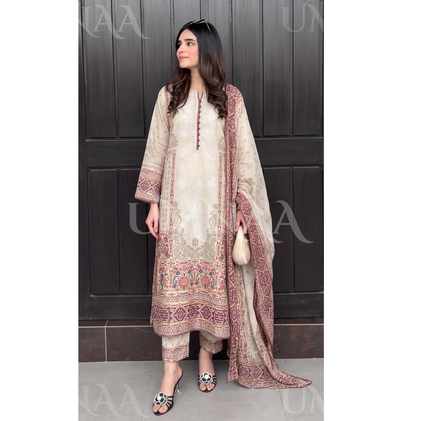 UA-229 Printed Lawn Long Kaftan Style 3  Piece Casual Summer Collection by Umnaa