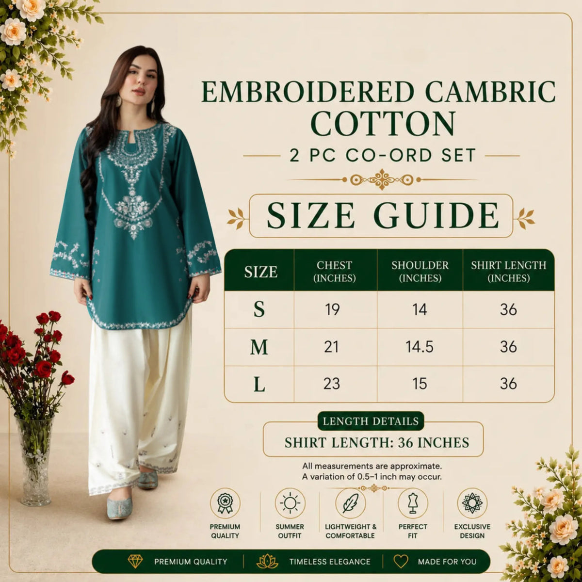 UA-258 Embroidered Cambric Cotton 2 Pc Co-Ord Set with Farshi Shalwar by Umnaa