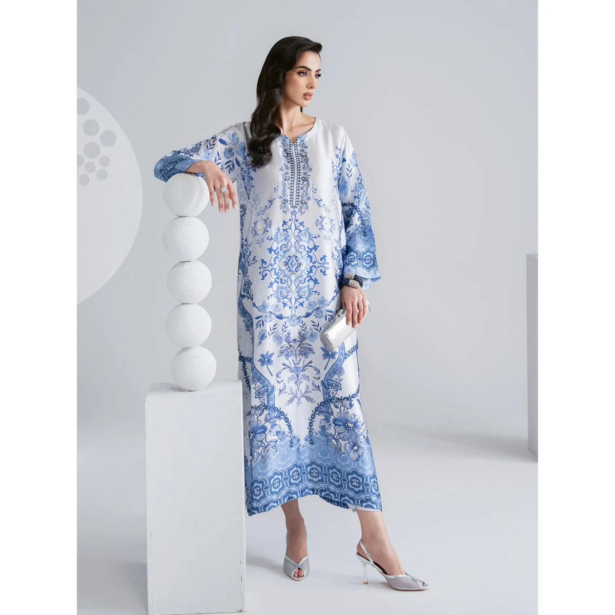 UAL-08 Printed Silk Kaftan with Trouser 2 Pc Set | Ally's