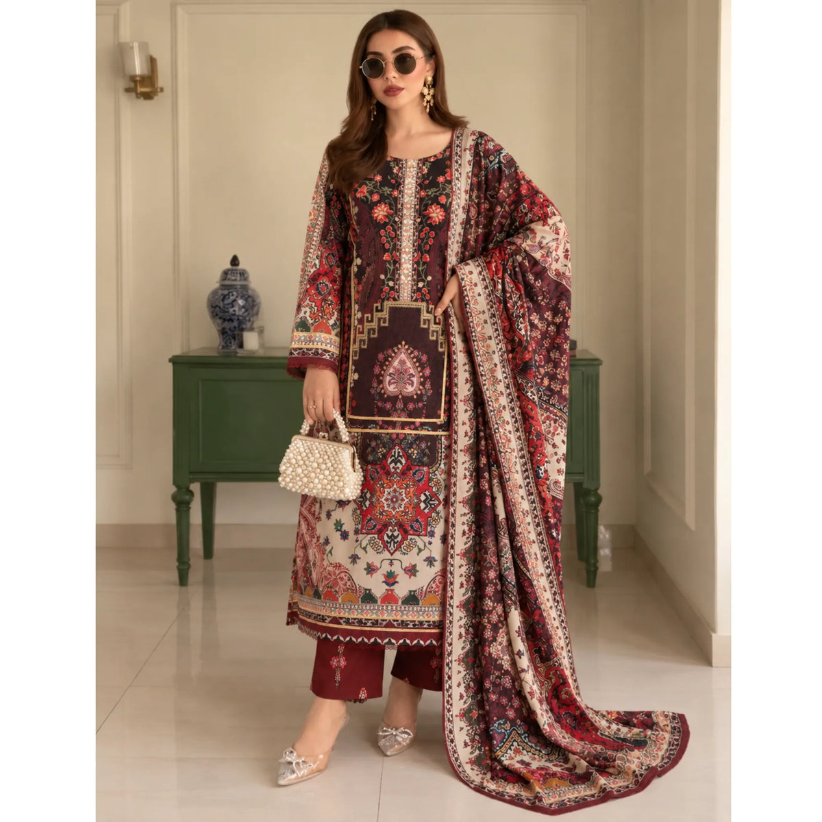 UA-325 Printed Kaftan Khaddar Style 3 Pc Collection | Umnaa