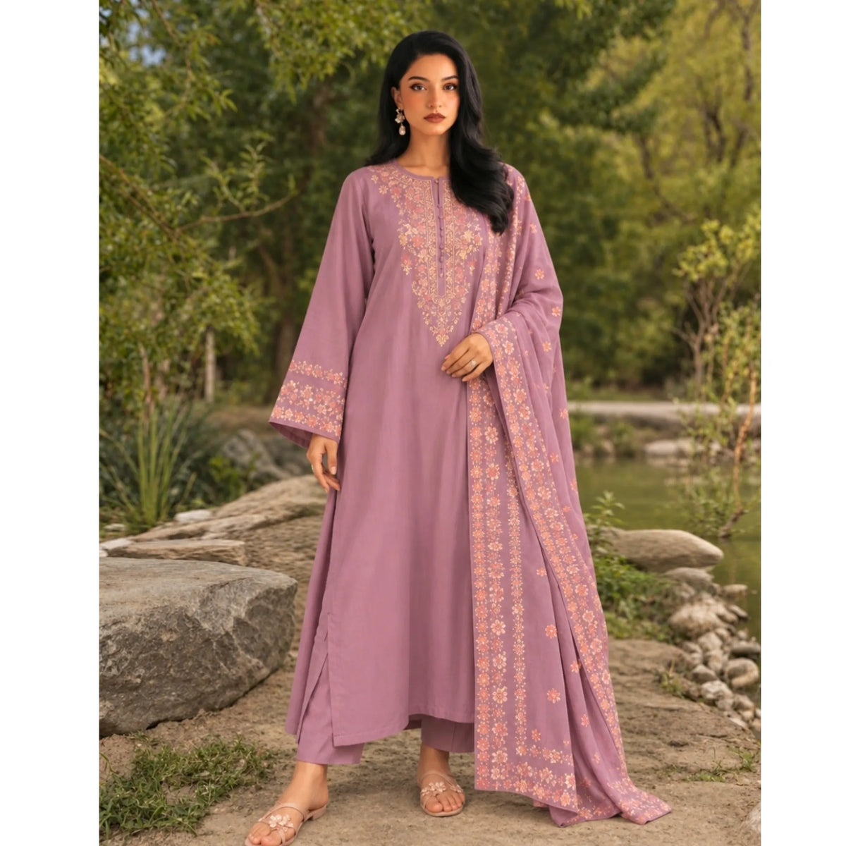 UA-326 Embroidered Dhanak Kaftan Style 3 Pc | Umnaa - Light Mauve Pink