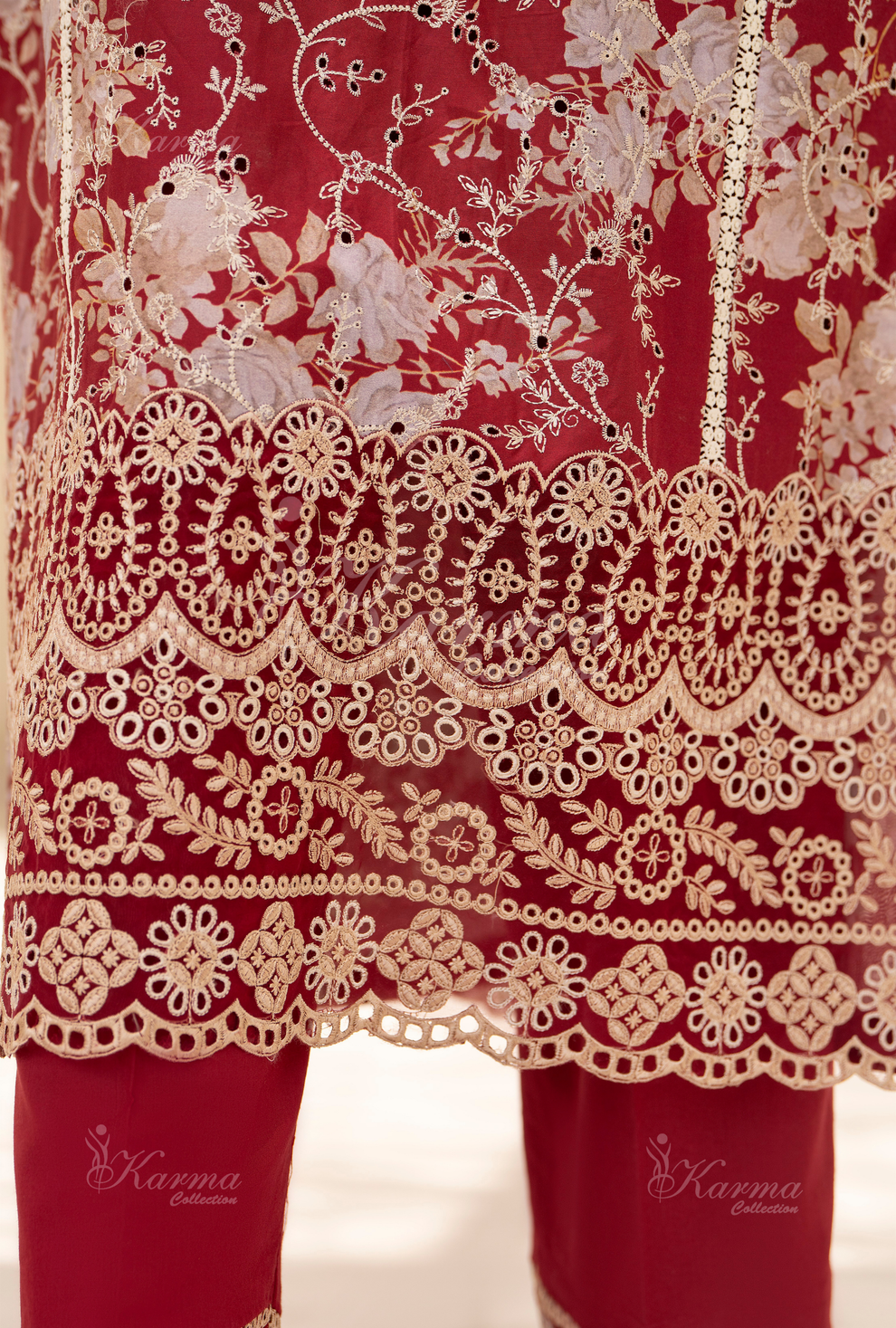 (Blush Red) Chickenkari Cotton Lawn 3 Pc - Karma Collection