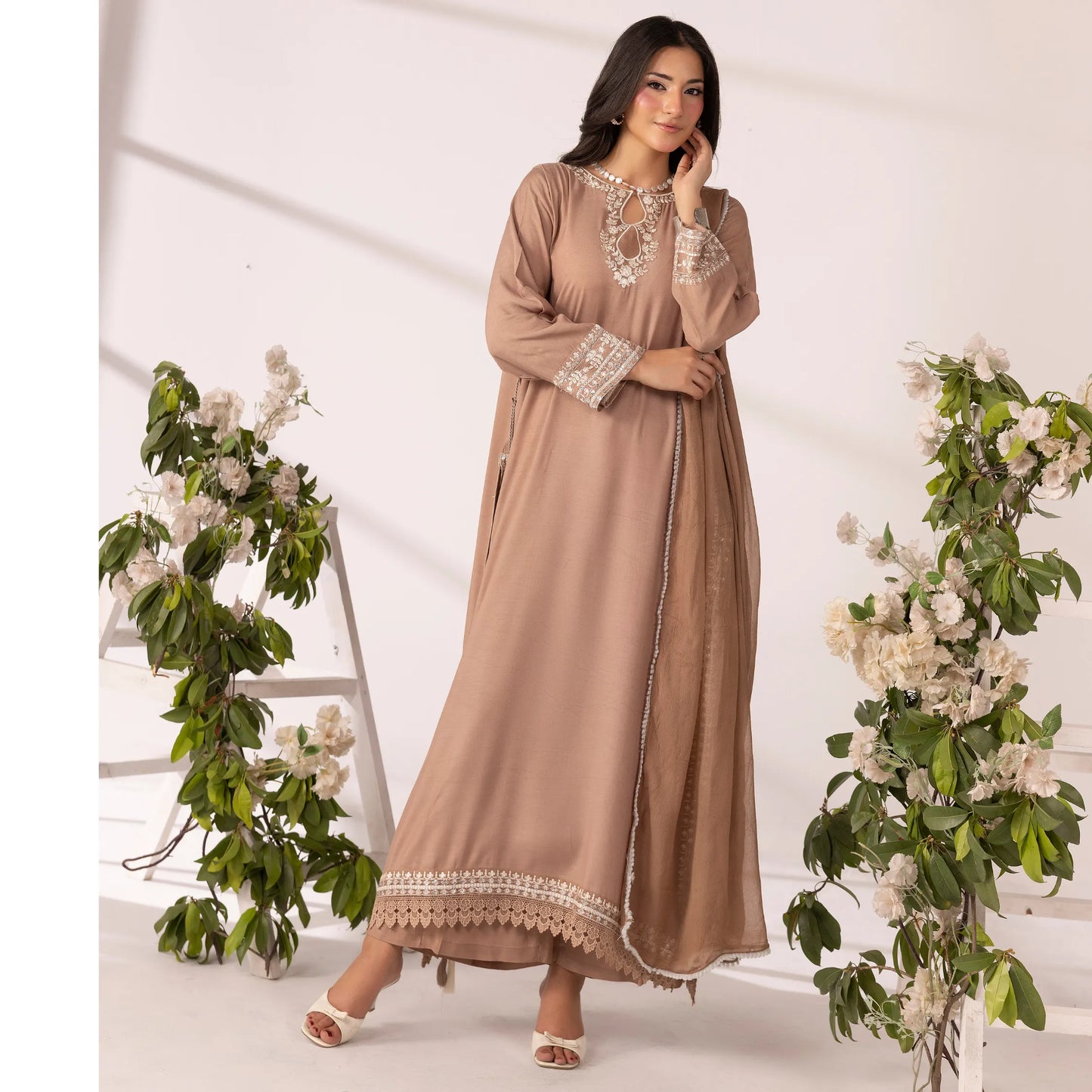 UMS-65 Lira by Simrans Embroidered Viscose Linen 3 Piece Suit | Premium Embroidered Shirt, Trouser & Dupatta | Semi Formal Women's Wear