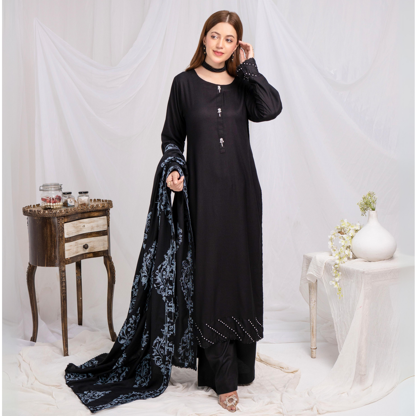 (black) 3 Pc Dhanak Shirt & trouser with Dhanak Shawl | Winter Collection | SIMRANS