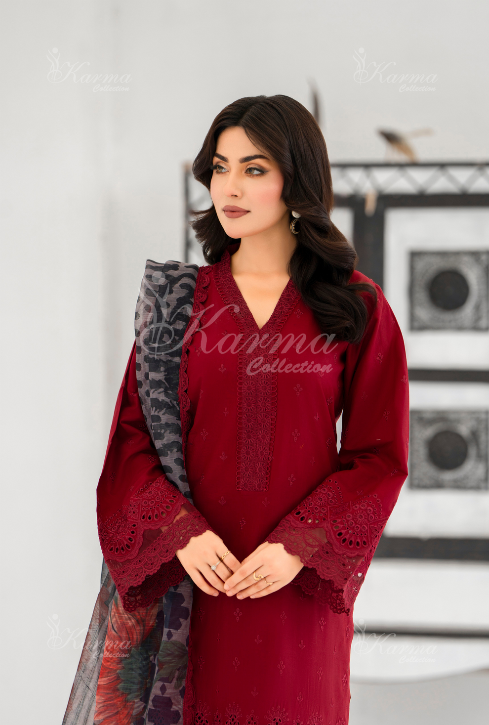 KC- 1393 | Rose Red | 3 Pc | Chikenkari Cotton Lawn | Karma Collection