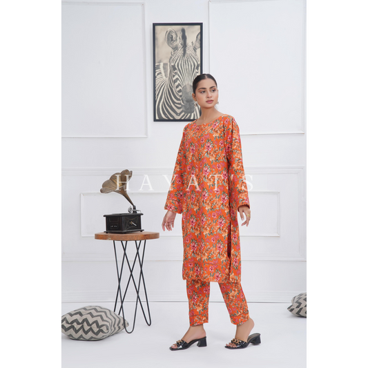 orange  2 Pc floral Printed Khaddar Pakistani Co-Ords Set | Ready to wear| Hayats
