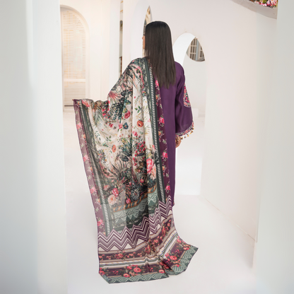 UA-62 Plum Embroidered Viscose Linen 3 Pc Pakistani Dress | UMNAA