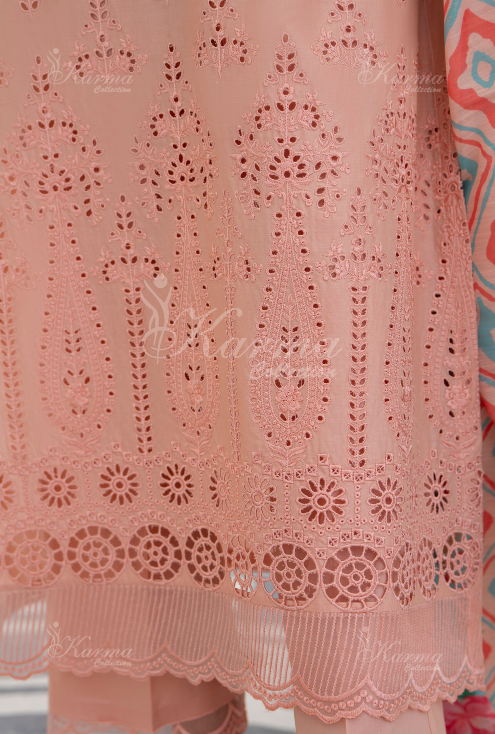 KC- 1390 | Light Salmon | 3 Pc | Chikenkari Cotton Lawn | Karma Collection