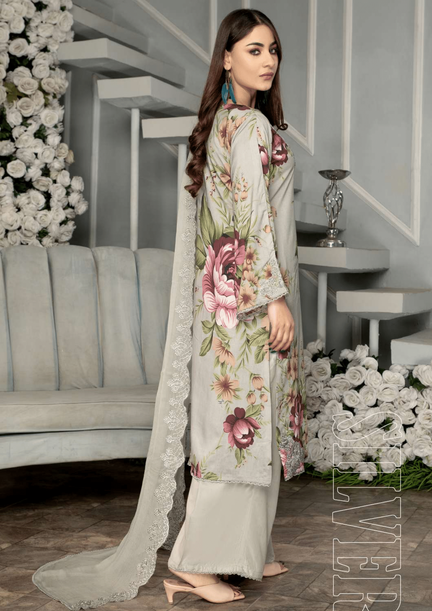 Silver Grey 3 Piece Linen Suit-Embroidered (Simrans)