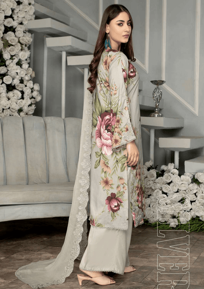Silver Grey 3 Piece Linen Suit-Embroidered (Simrans)
