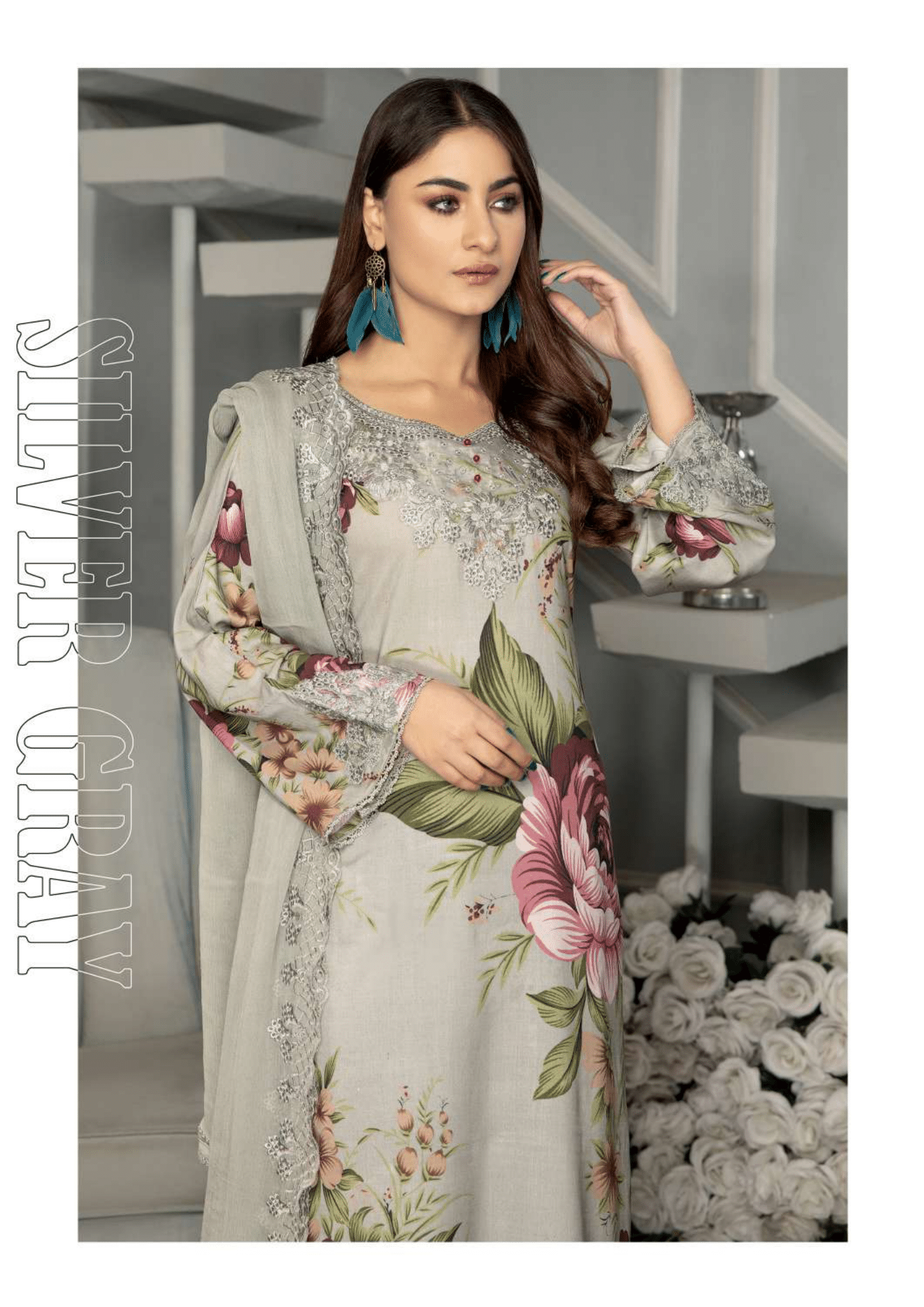 Silver Grey 3 Piece Linen Suit-Embroidered (Simrans)