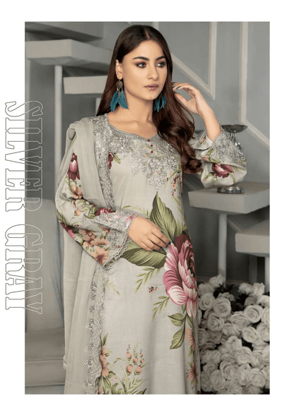Silver Grey 3 Piece Linen Suit-Embroidered (Simrans)