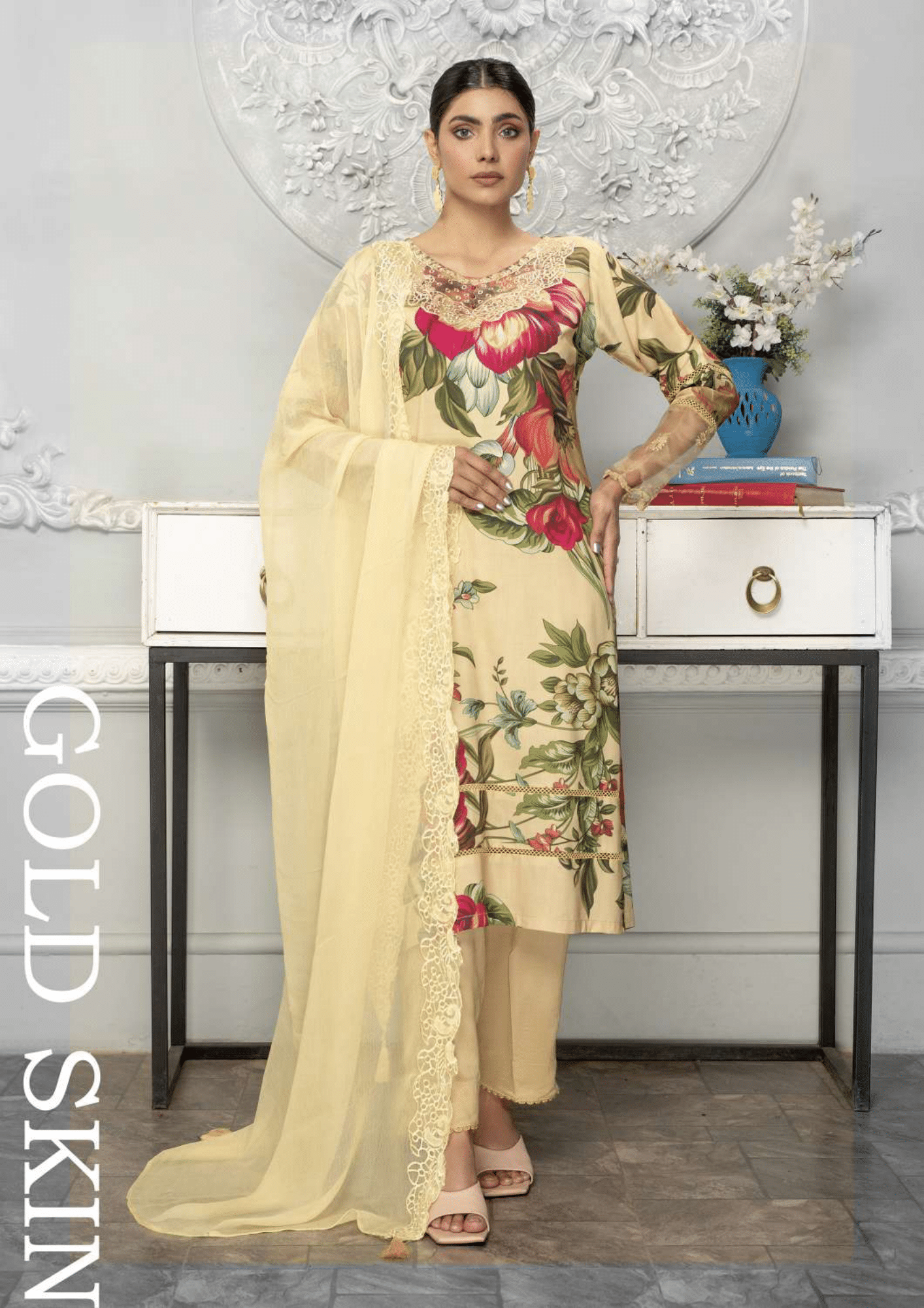 Gold Skin 3 Piece Linen Suit-Embroidered (Simrans)
