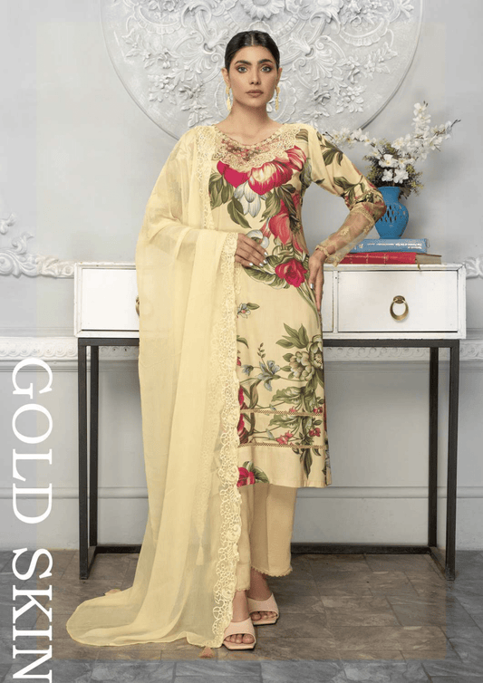 Gold Skin 3 Piece Linen Suit-Embroidered (Simrans)
