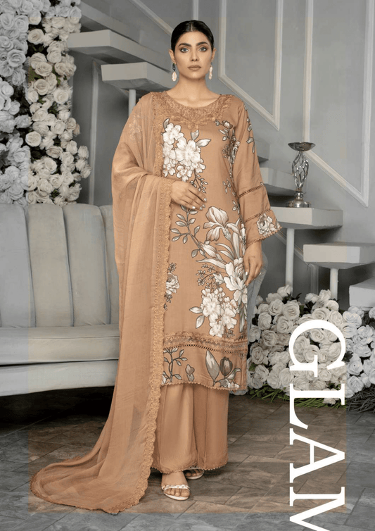 Brown Sugar 3 Piece Linen Suit-Embroidered (Simrans)