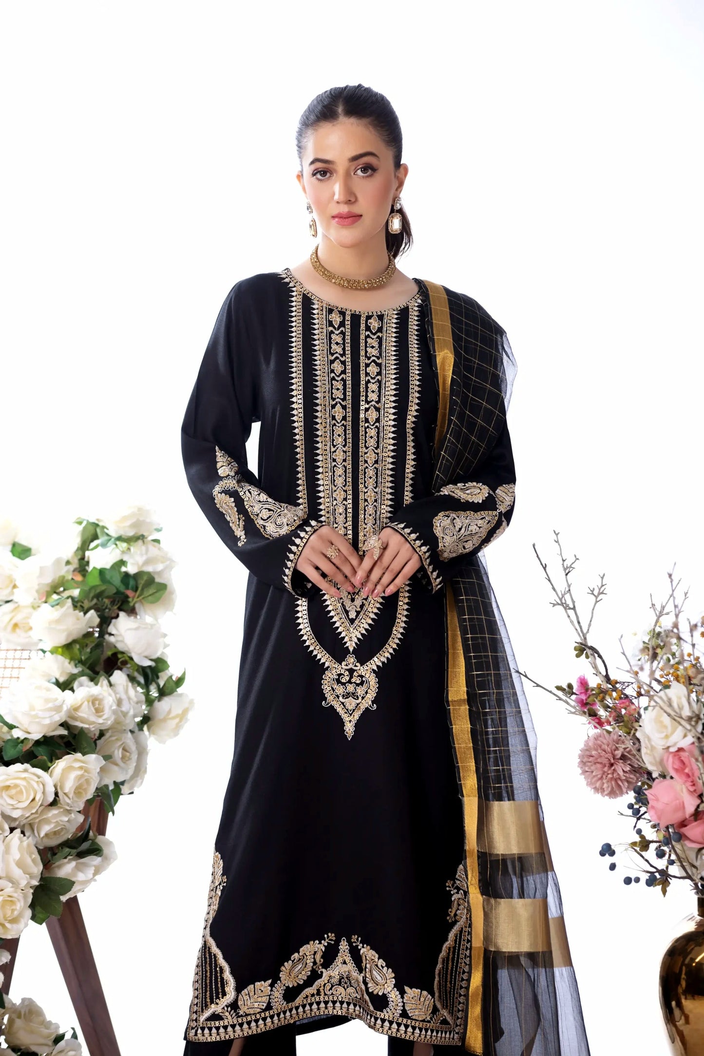 (Black S.N) 3 Pc Embroidered Cambric Cotton Suit-Heera's