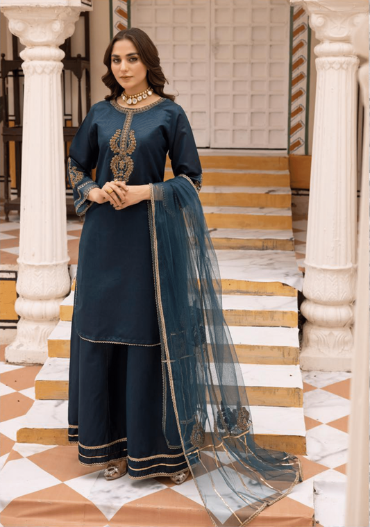 (Blue) 3 Pc "Batik Pret" Khaddi Silk Collection by Simrans