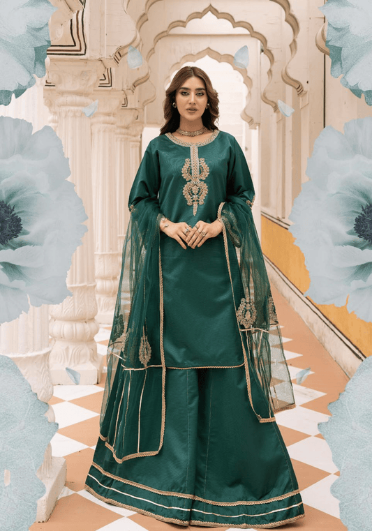 (Bottle Green) 3 Pc "Batik Pret" Khaddi Silk Collection by Simrans