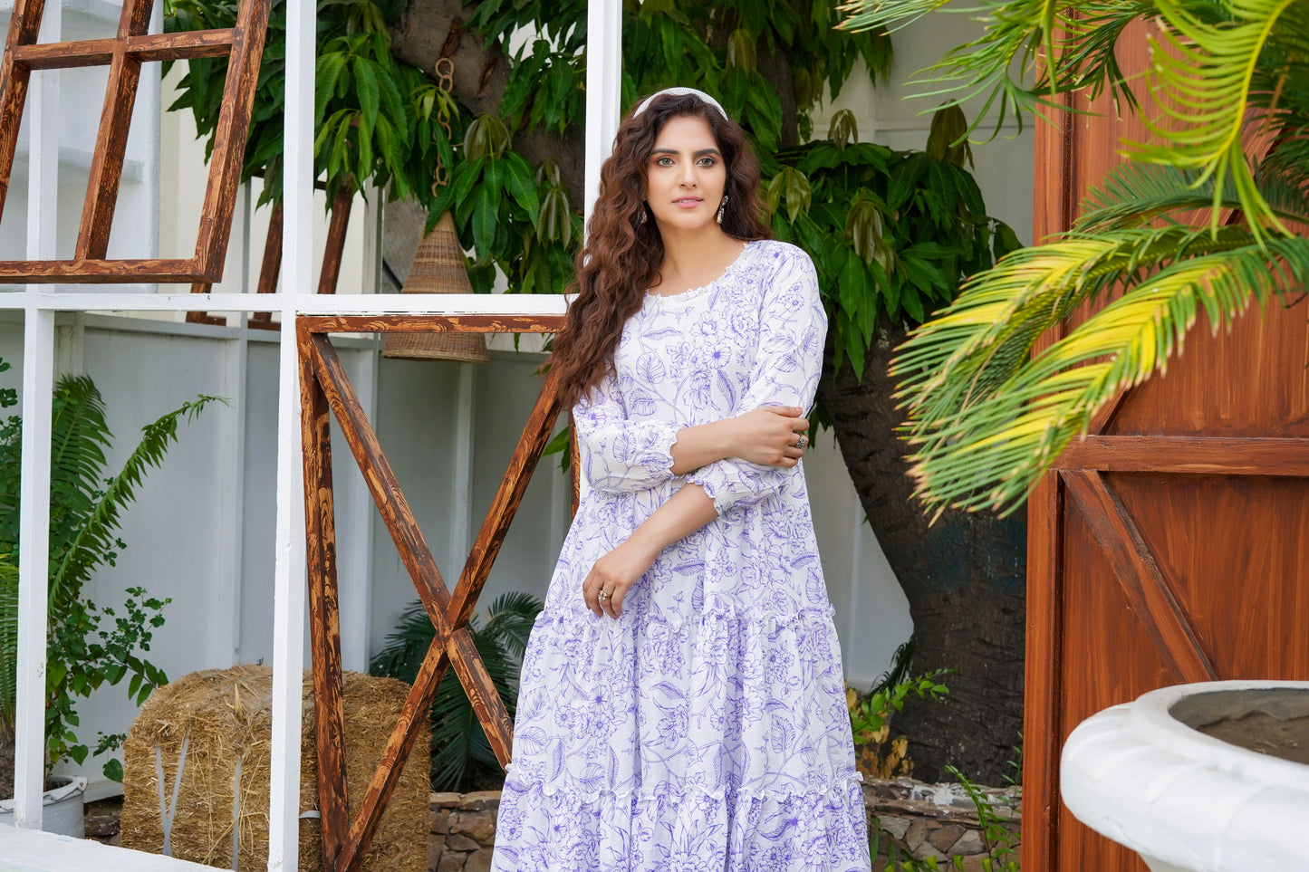 Lilac Floral Printed Lawn Long Frock 2 Pc - Simrans