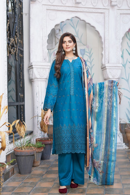Blue | Chikankari Schifflil Lawn | 3 Pc | MUNIRA