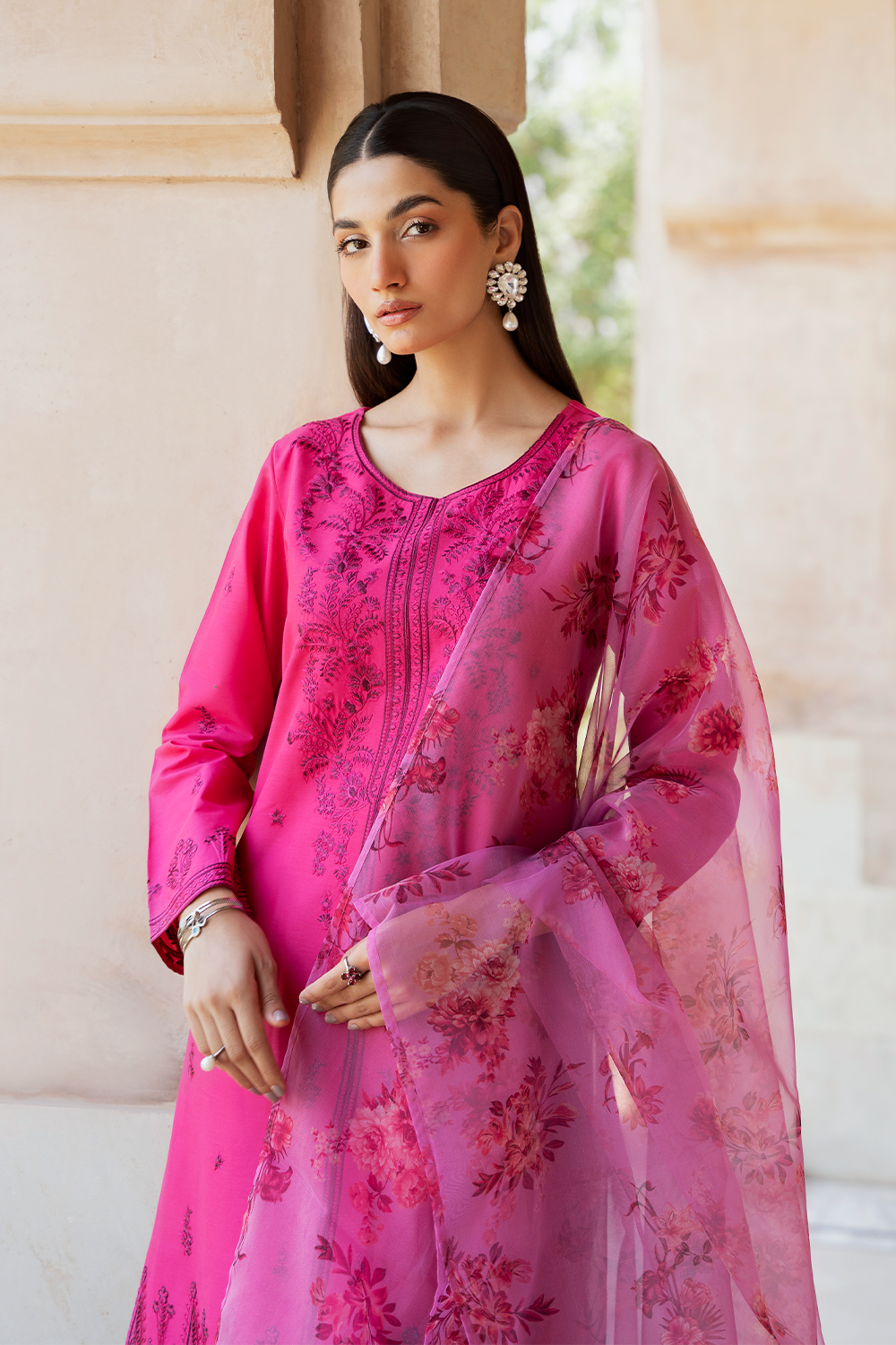 Hot Pink Embroidered Printed Silk Lawn 3 Pc Dress By Esra Fashion