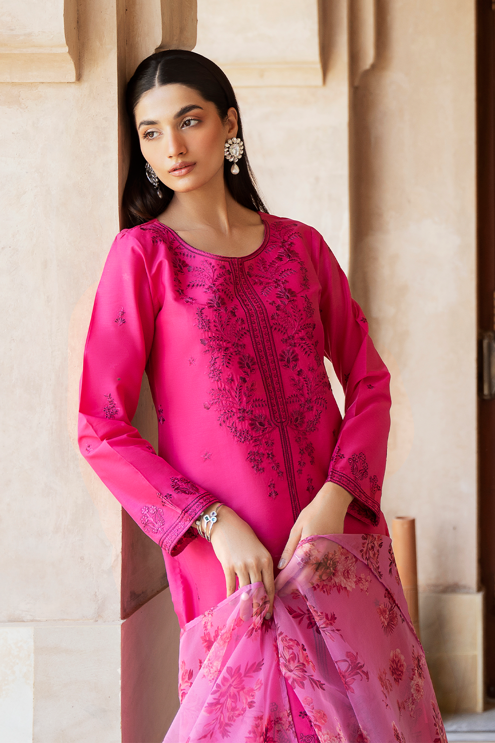 Hot Pink Embroidered Printed Silk Lawn 3 Pc Dress By Esra Fashion