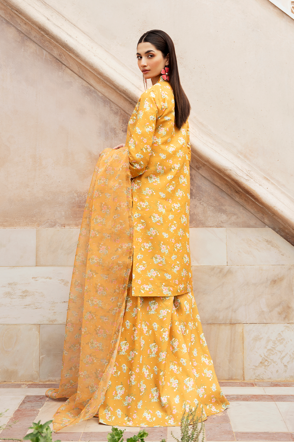 Mustard Printed Silk Lawn 3 Pc Dress By Esra Fashion