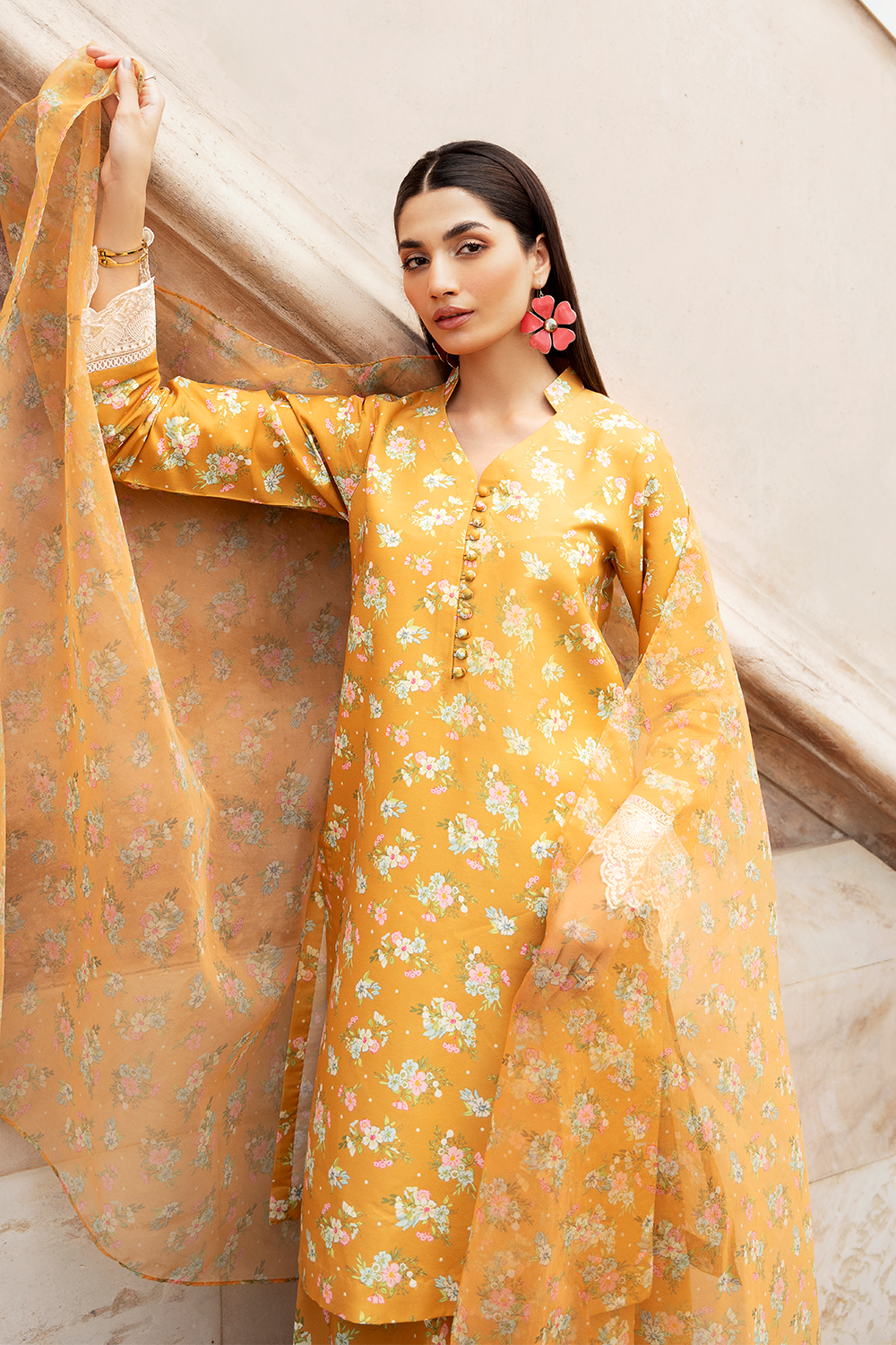 Mustard Printed Silk Lawn 3 Pc Dress By Esra Fashion