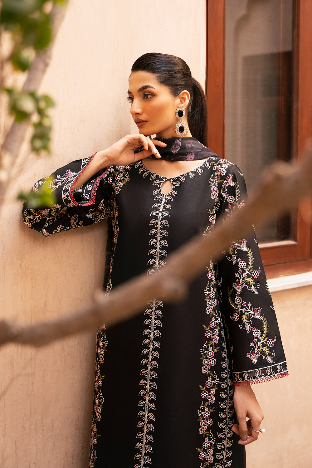 (Black) "MIZAJ" Embroidered Lawn 3Pc Collection-Esra Fashion