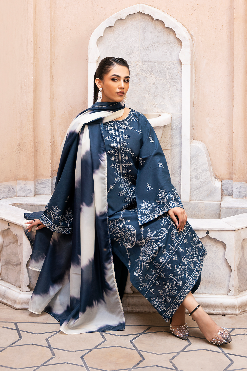 (Blue) "MIZAJ" Embroidered Lawn 3Pc Collection-Esra Fashion