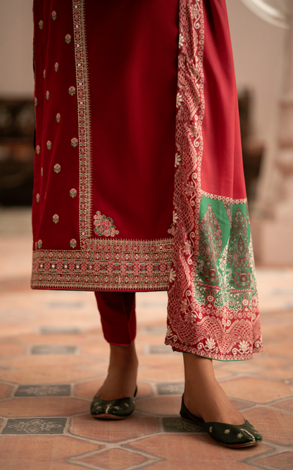 (Red) 3 Pc Cotton Embroidered Suit - Casuallite