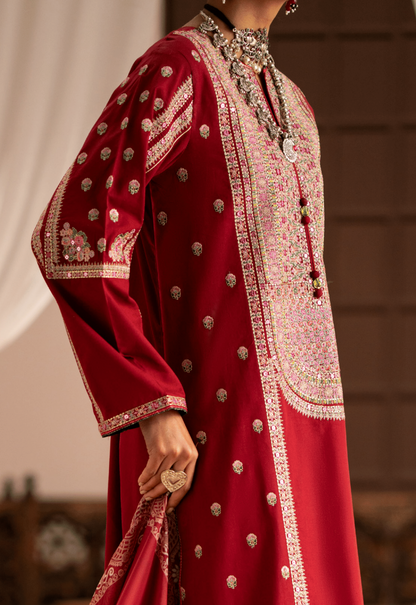 (Red) 3 Pc Cotton Embroidered Suit - Casuallite