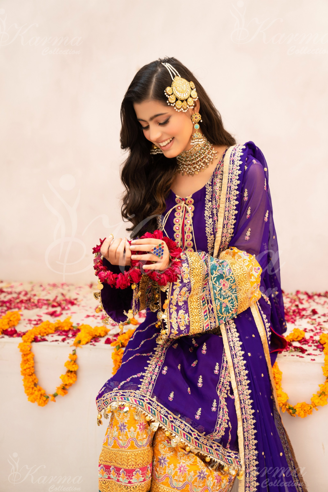 Purple Embroidered Chiffon 3 Pc Shalwar Plazo | Wedding Wear | Karma Collection