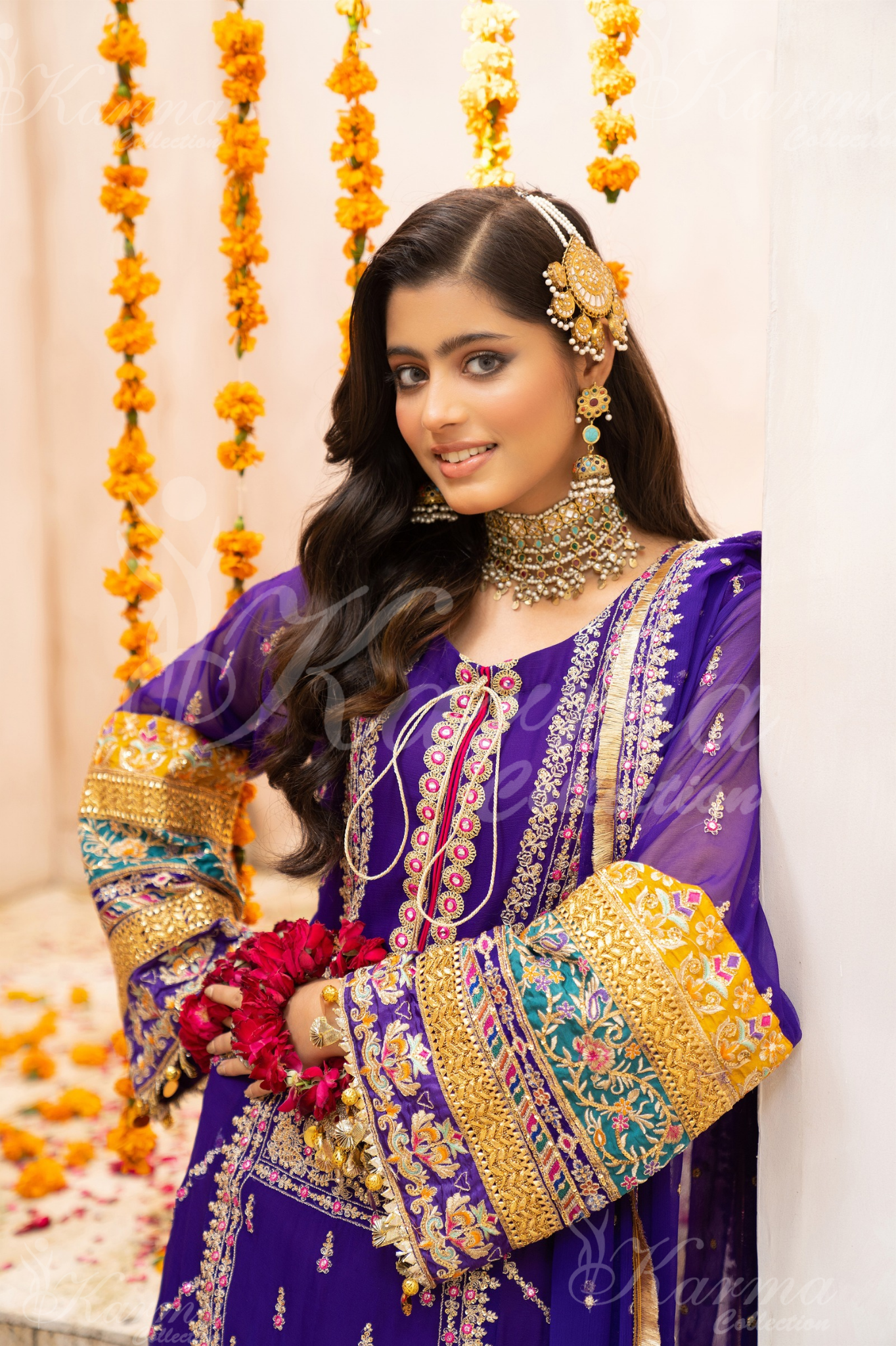 Purple Embroidered Chiffon 3 Pc Shalwar Plazo | Wedding Wear | Karma Collection