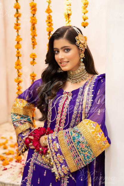 Purple Embroidered Chiffon 3 Pc Shalwar Plazo | Wedding Wear | Karma Collection