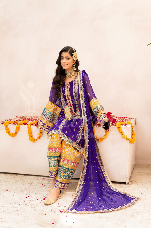 Purple Embroidered Chiffon 3 Pc Shalwar Plazo | Wedding Wear | Karma Collection