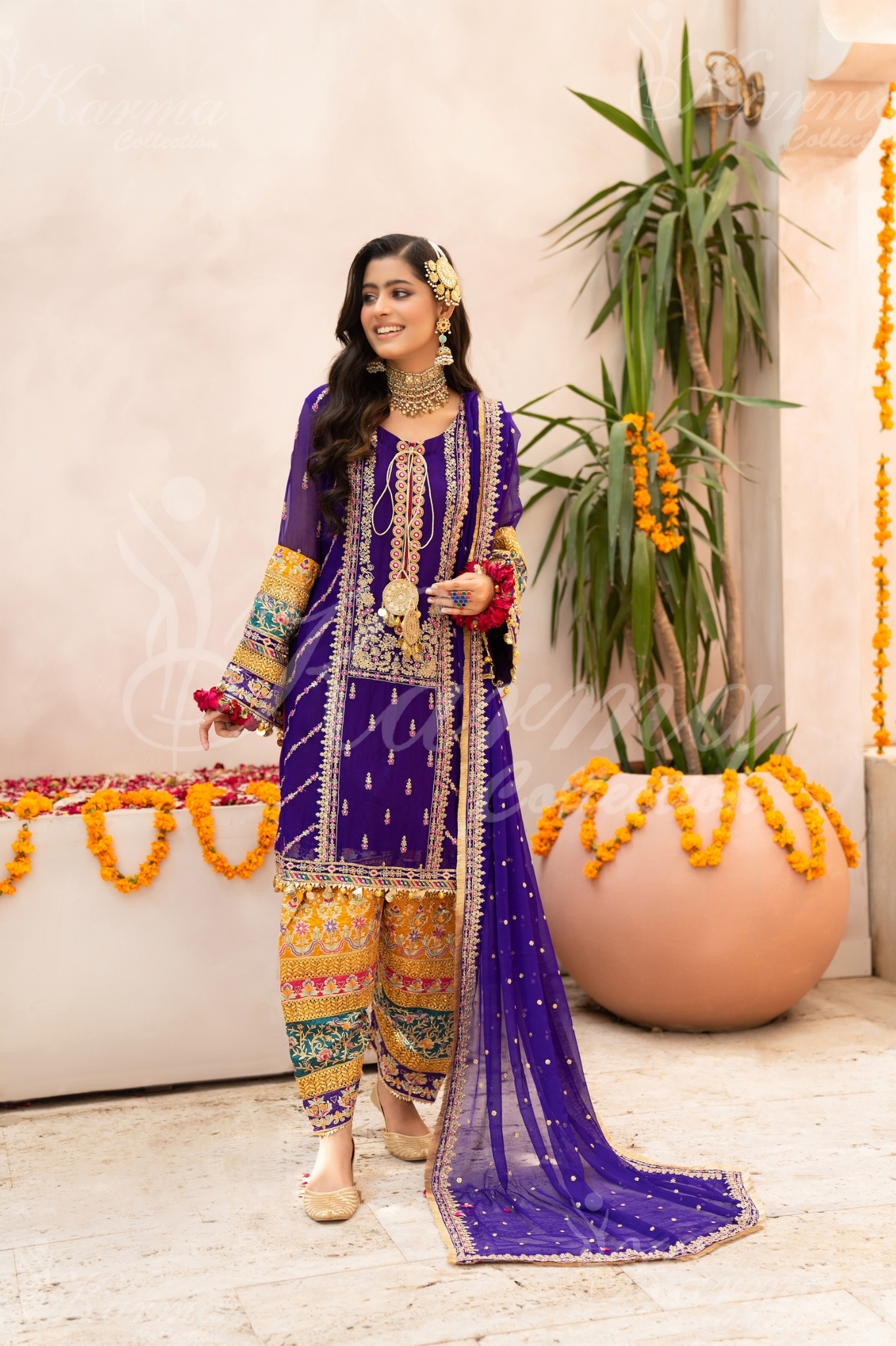 Purple Embroidered Chiffon 3 Pc Shalwar Plazo | Wedding Wear | Karma Collection
