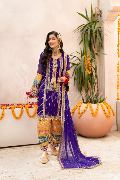 Purple Embroidered Chiffon 3 Pc Shalwar Plazo | Wedding Wear | Karma Collection