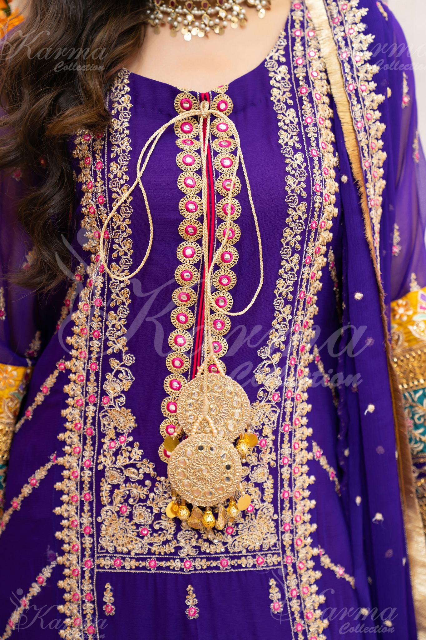 Purple Embroidered Chiffon 3 Pc Shalwar Plazo | Wedding Wear | Karma Collection