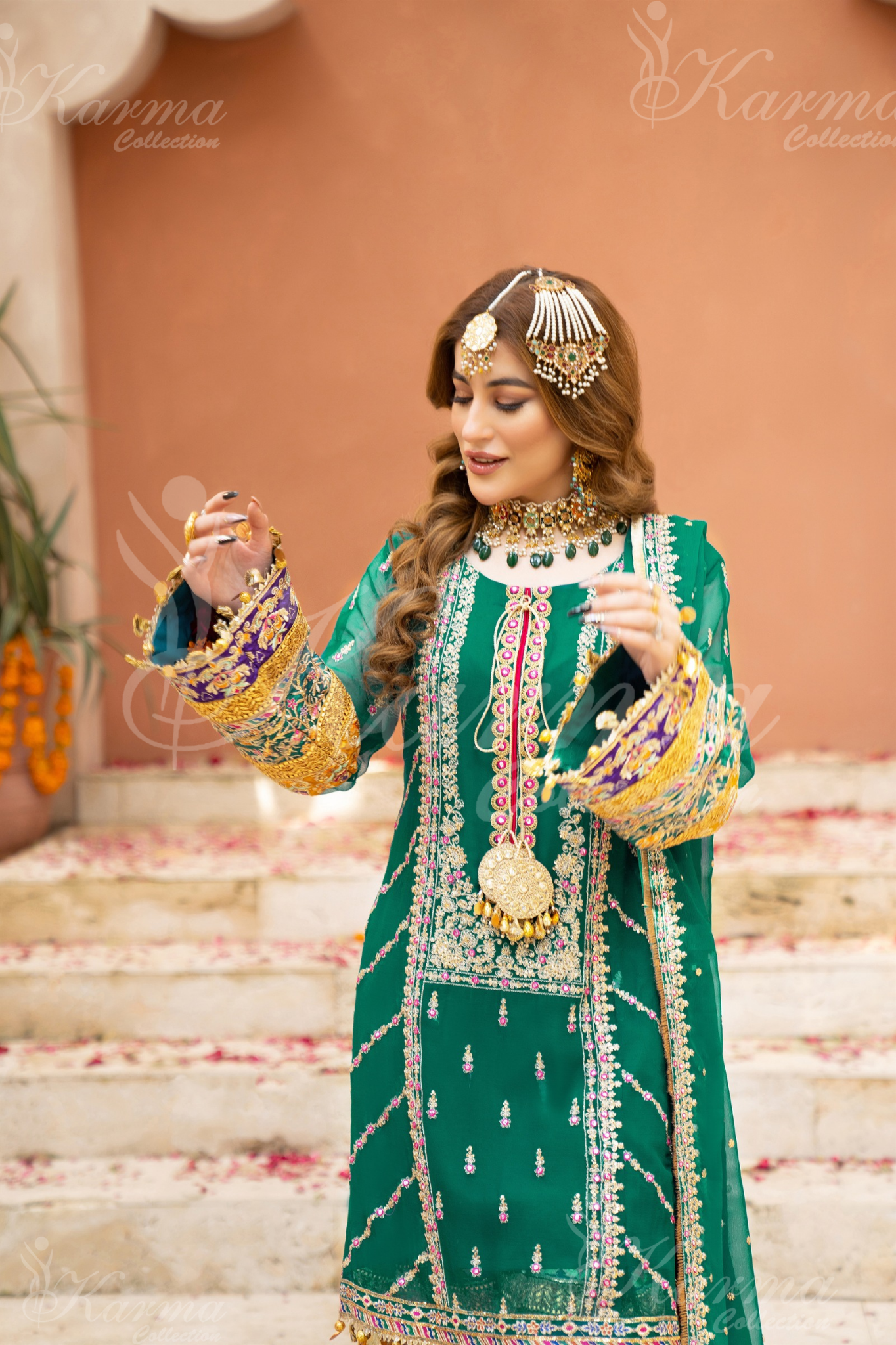 Teal Green Embroidered Chiffon 3 Pc Shalwar Plazo | Wedding Wear | Karma Collection