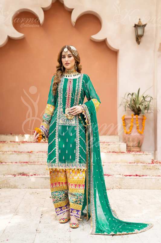 Teal Green Embroidered Chiffon 3 Pc Shalwar Plazo | Wedding Wear | Karma Collection