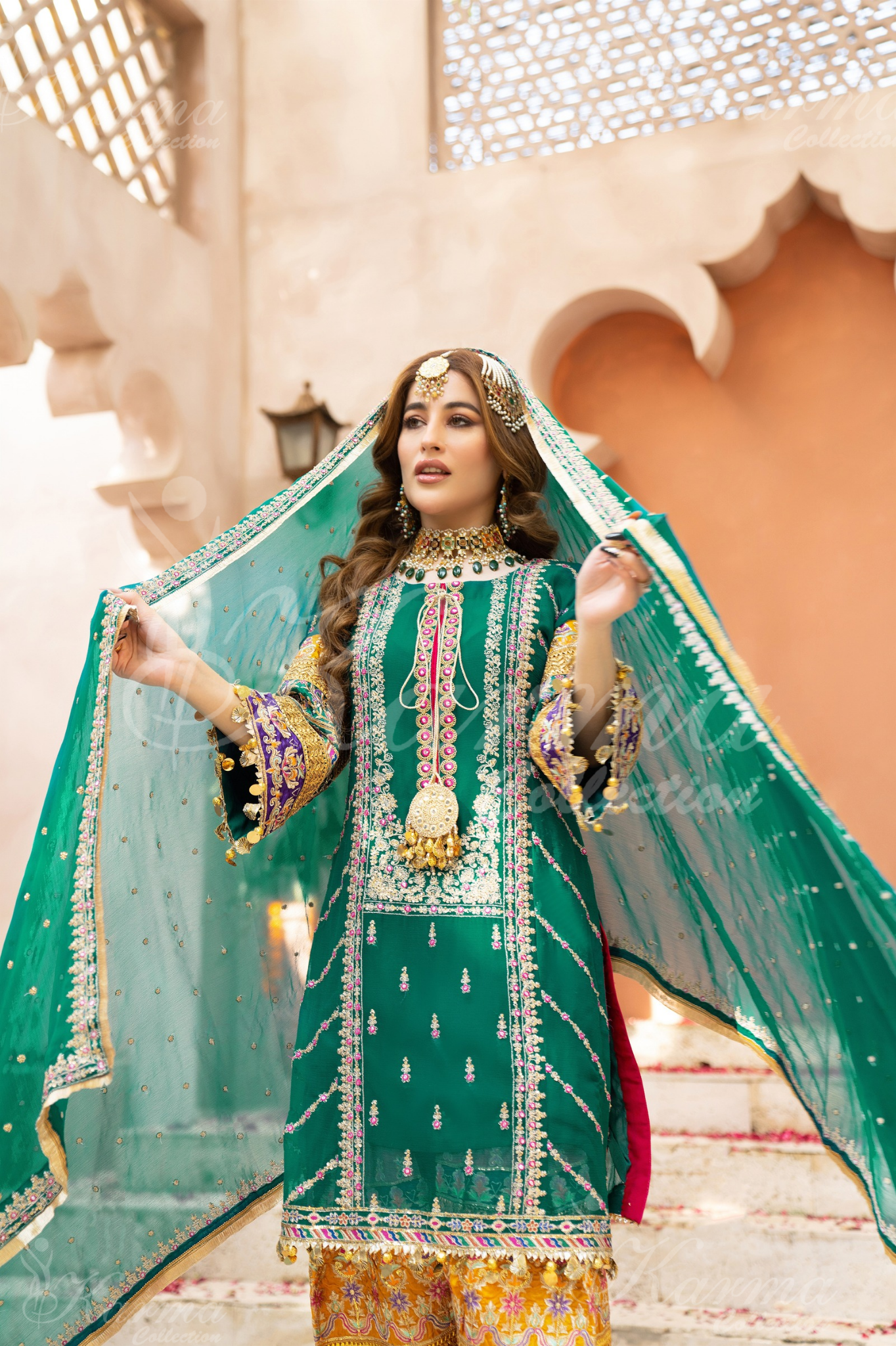 Teal Green Embroidered Chiffon 3 Pc Shalwar Plazo | Wedding Wear | Karma Collection