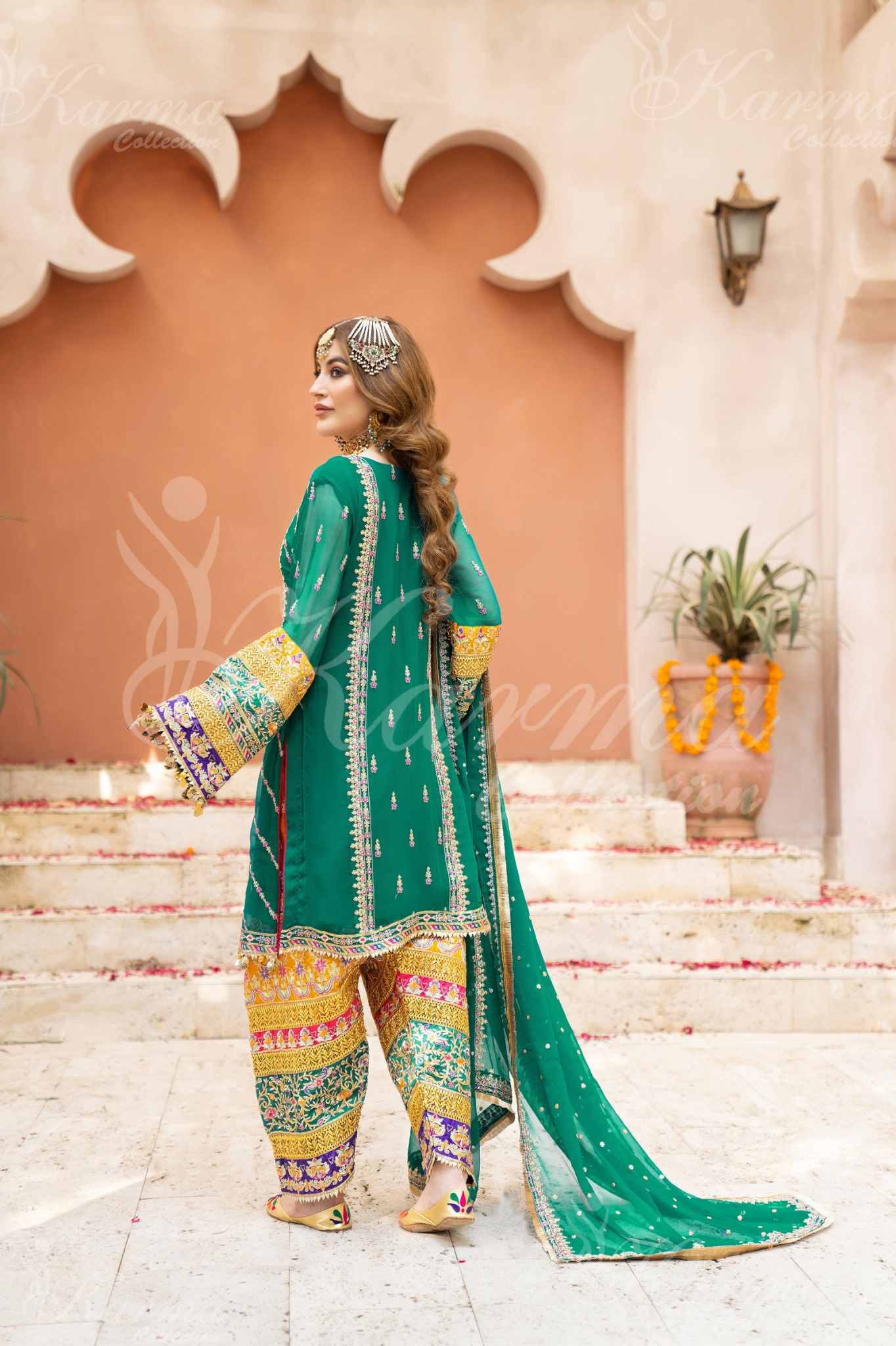 Teal Green Embroidered Chiffon 3 Pc Shalwar Plazo | Wedding Wear | Karma Collection