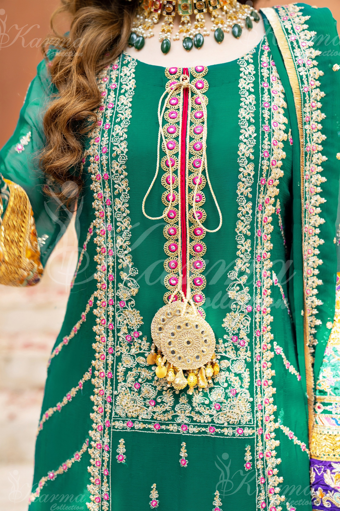 Teal Green Embroidered Chiffon 3 Pc Shalwar Plazo | Wedding Wear | Karma Collection